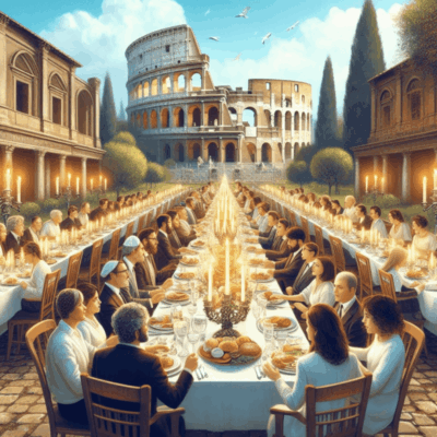 Large festive meal, Roman backdrop.