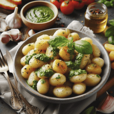 Potato gnocchi with pesto sauce.