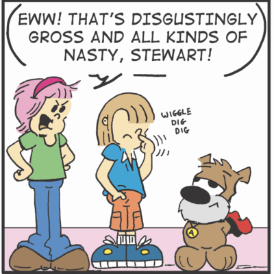 Girls disgusted by Stewart's dog.