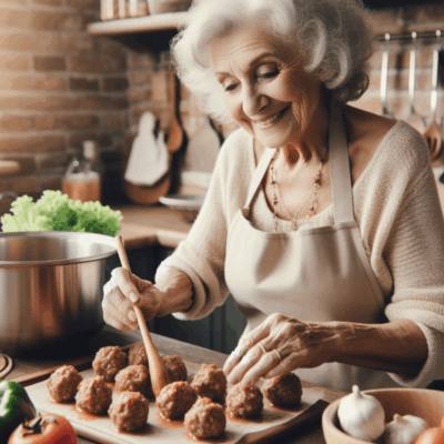 Elderly woman preparing meatballs in kitchen.