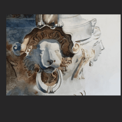 Watercolor painting of lion and cherubs.