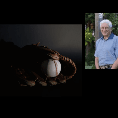 Baseball glove, ball, and man.