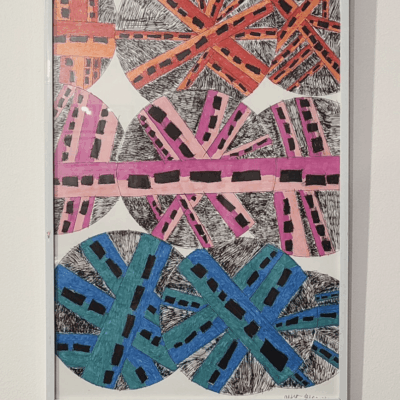 Abstract artwork: colorful circles with lines.