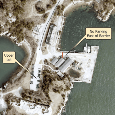 Aerial view: Upper lot, no parking east of barrier.