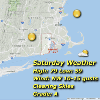 Saturday weather map: sunny, 79/59, grade A.