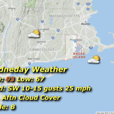 Wednesday weather: hot, partly cloudy, 93F.