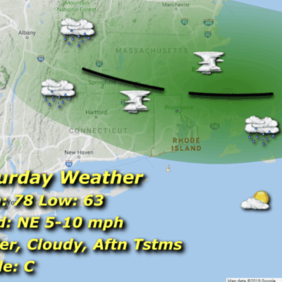 Saturday weather map: cloudy with afternoon storms.