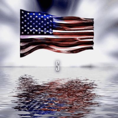 American flag reflected in water.