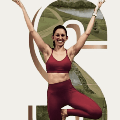 Happy woman in tree yoga pose.