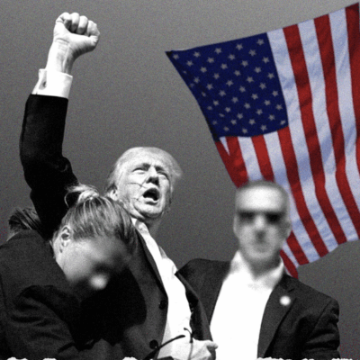 Trump rallies with US flag and security.