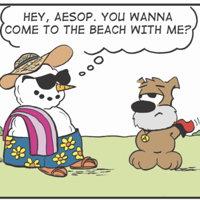 Snowman invites dog to the beach.