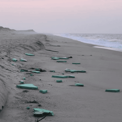 Beach debris: broken teal foam pieces.