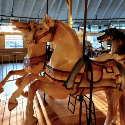 Carousel horses, sunlit, wooden details.