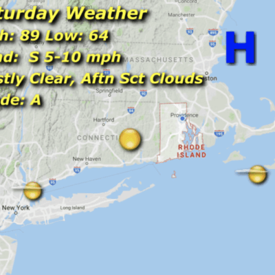Saturday weather forecast map: mostly clear, 89/64.
