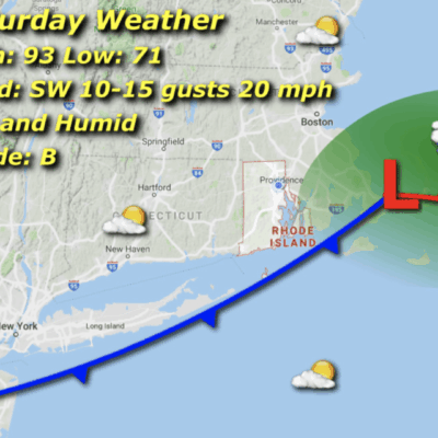 Saturday weather map: hot, humid, chance of rain.