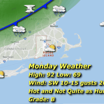 Monday weather map: showers, hot, 92/69.
