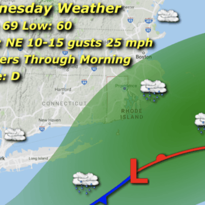 Wednesday weather: showers, 69/60, NE wind.