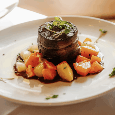 Beef tenderloin with roasted vegetables.