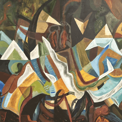 Abstract cubist painting, multicolored shapes.