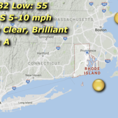 Rhode Island weather map: 82/55, mostly clear.