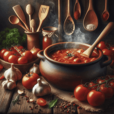 Steaming tomato soup in rustic pot.