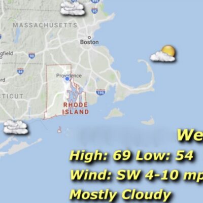 Rhode Island weather map: mostly cloudy.