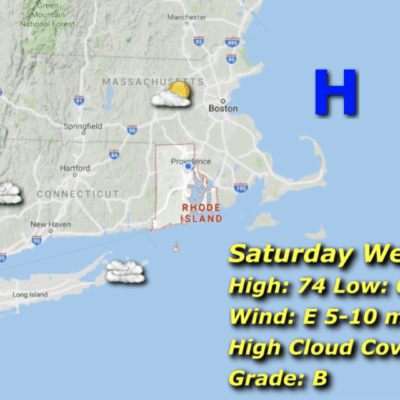 Saturday Rhode Island weather map, partly cloudy.