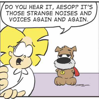 Cartoon: child and dog hear strange noises.