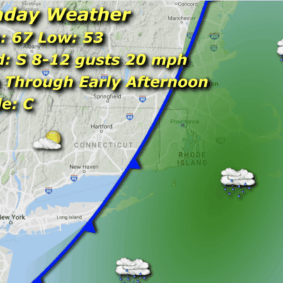Monday weather forecast map: rain, 67/53F.