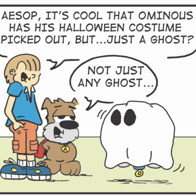 Boy, dog, and ghost Halloween costumes.