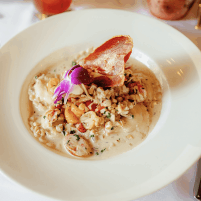 Creamy pasta dish with seafood and prosciutto.
