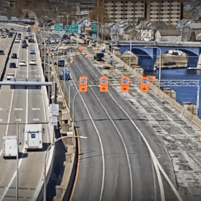 Highway bridge traffic and roadwork.