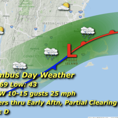 Columbus Day weather: showers, high 69, low 43.