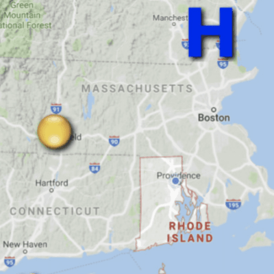 Map highlighting locations in New England.