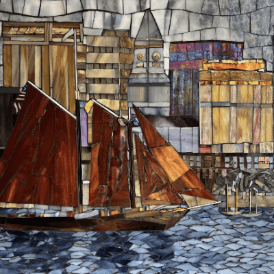 Mosaic artwork: sailboat in city harbor.