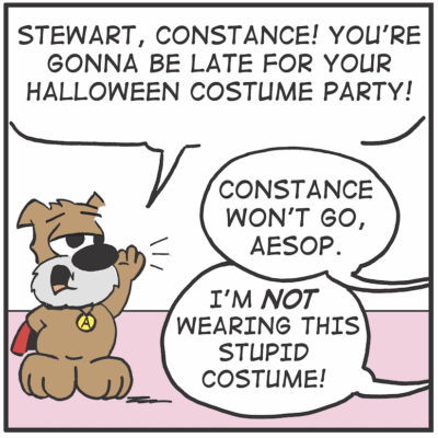 Dog refuses Halloween costume, late for party.
