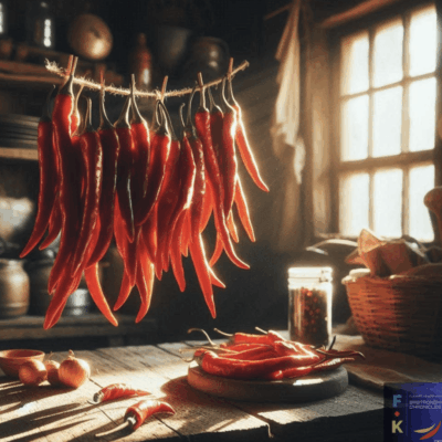 Red chili peppers hanging and on table.