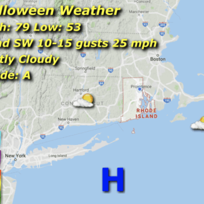Halloween weather map: partly cloudy, 79/53.