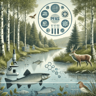 A painting of animals and trees in the water.