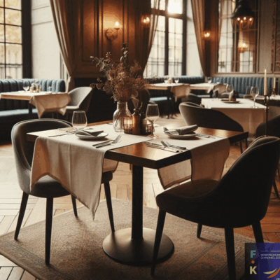 A restaurant with tables and chairs set up for dinner.