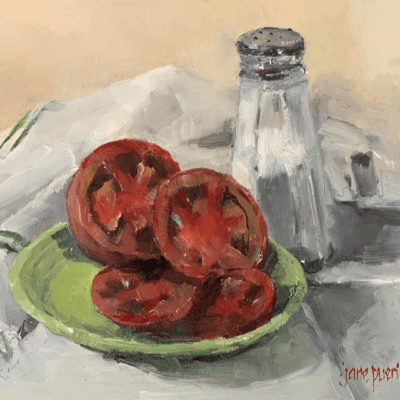 A painting of tomatoes on a plate and a salt shaker.