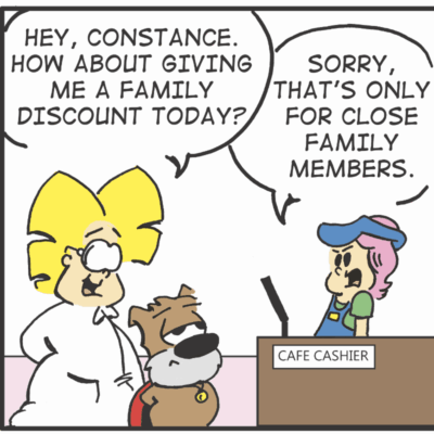 A cartoon of two people at a table