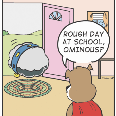 A cartoon of a bear and a dog in front of a door.