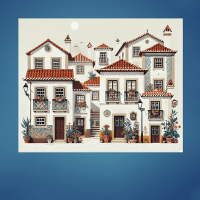 A painting of many houses with red tile roofs.