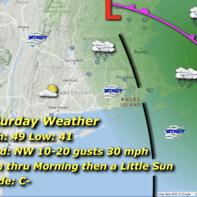 A map of the weather with a purple line showing where to go.