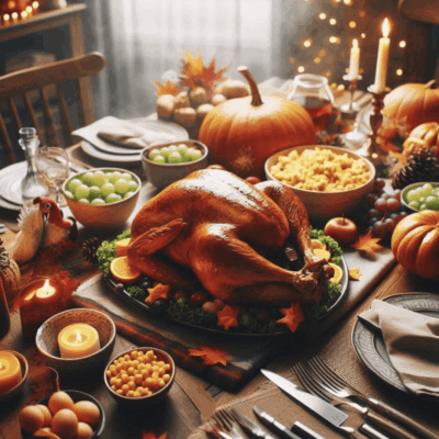 A table filled with lots of food and candles.