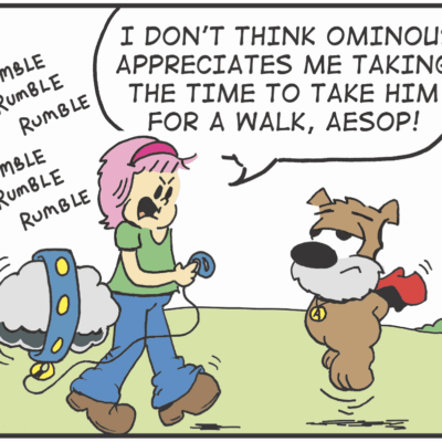 A cartoon of a dog and woman with pink hair.