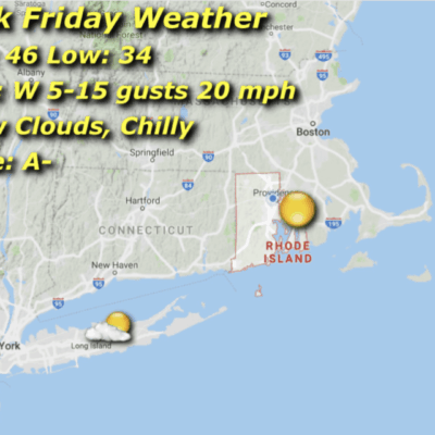 A map of rhode island with the weather forecast for friday.