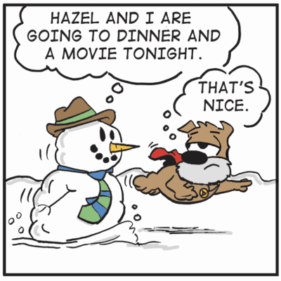 A cartoon of a dog and snowman with a caption.