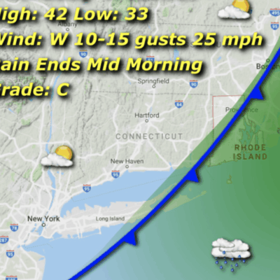 A map of the coast with weather information.